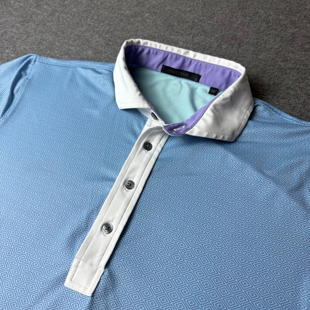 Greyson Golf Polo Mens Large Blue Geometric Performance Stretch Athletic Shirt